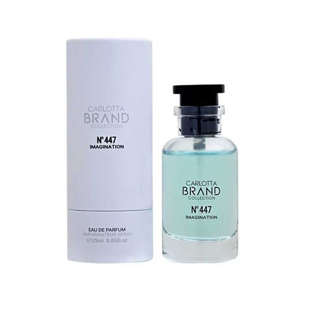 جعبه و شیشه عطر کارلوتا برند کد ۴۴۷ با مایع آبی فیروزه‌ای و رایحه ایمجینیشن لویی‌ویتون