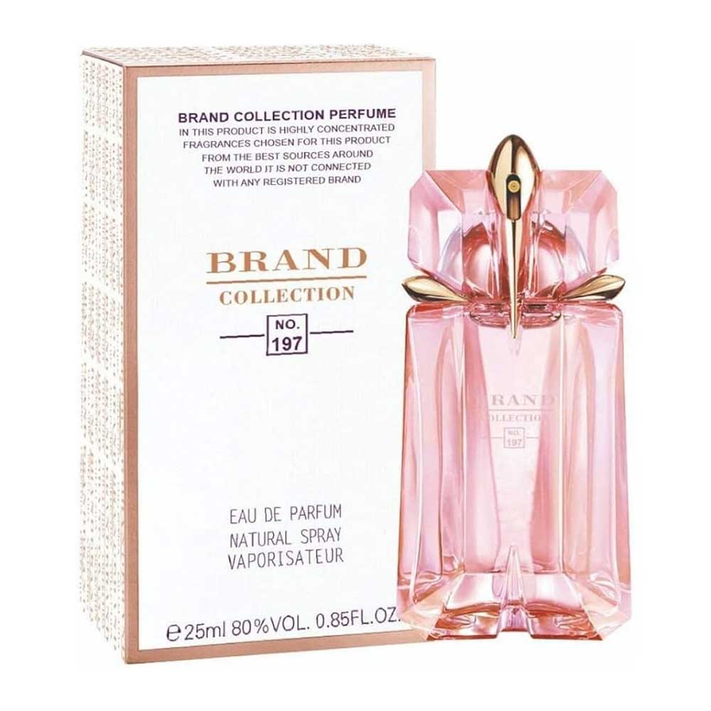 عطر ادوپرفیوم زنانه برند کالکشن مدل ۱۹۷ رایحه خنک و شیرین ۲۵ میلی‌لیتری با جعبه و شیشه گلبهی