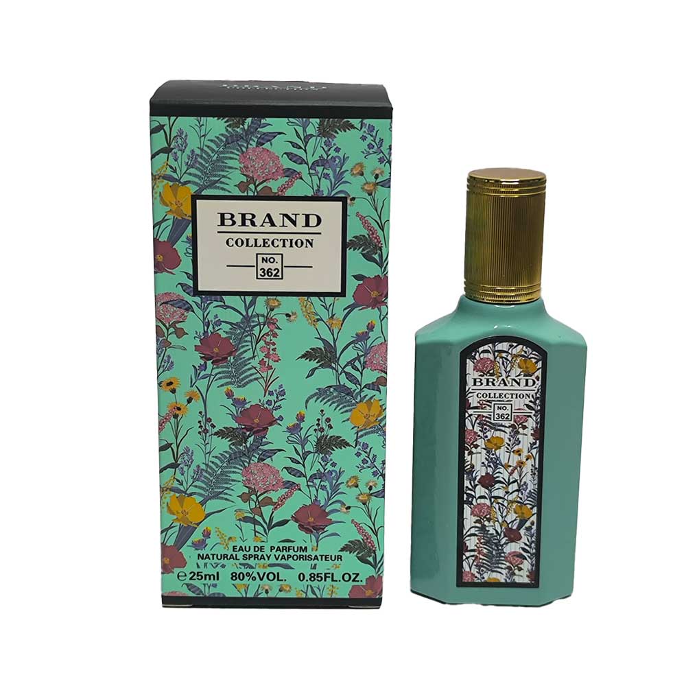 عطر ادوپرفیوم زنانه برند کالکشن کد ۳۶۲ با شیشه سبز فیروزه‌ای و درب طلایی رایحه گلی و میوه‌ای ۲۵ میل