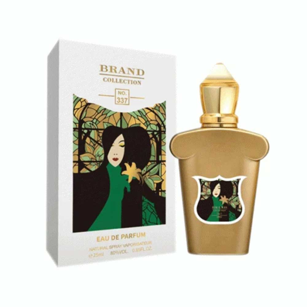 عطر برند کالکشن کد 337 زرژف کازامورتی لیرا ادوپرفیوم زنانه 25 میلی‌لیتری در کنار جعبه سفید با طرح شیشه‌ای رنگی