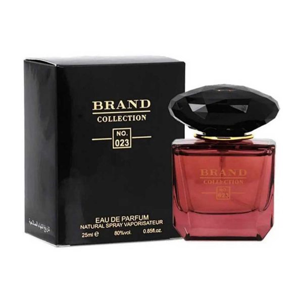 عطر زنانه کالکشن کریستال نویر 023 ادو پرفیوم با شیشه قرمز مارونی و جعبه مشکی، حجم 25 میلی لیتری