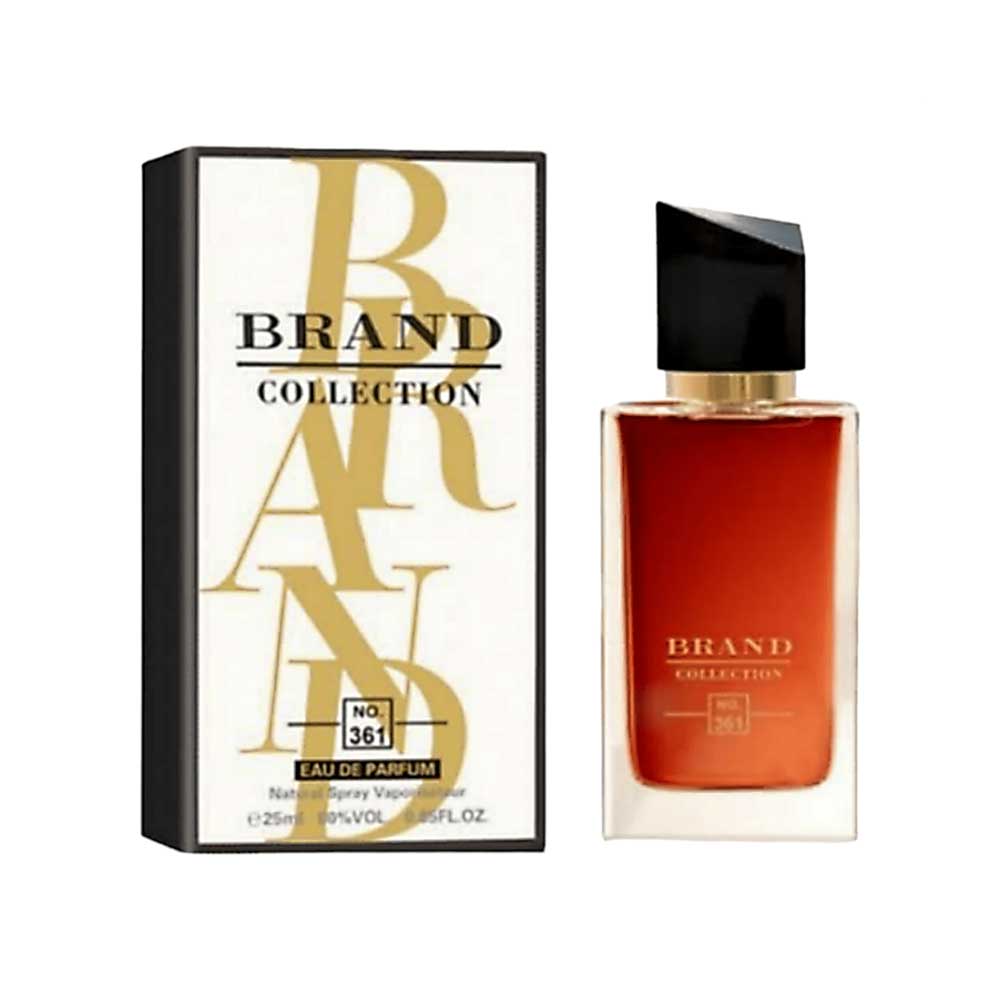 عطر زنانه کالکشن مدل 361 با مایع کهربایی رنگ و درب مشکی مورب، مشابه ایو سن لورن لیبره به همراه جعبه سفید و حروف طلایی