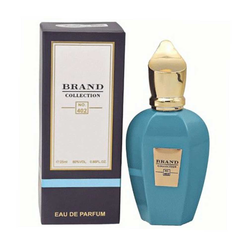 عطر ادوپرفیوم برند کالکشن کد ۴۰۲ رایحه اربا پورا حجم ۲۵ میل با شیشه آبی و درب طلایی