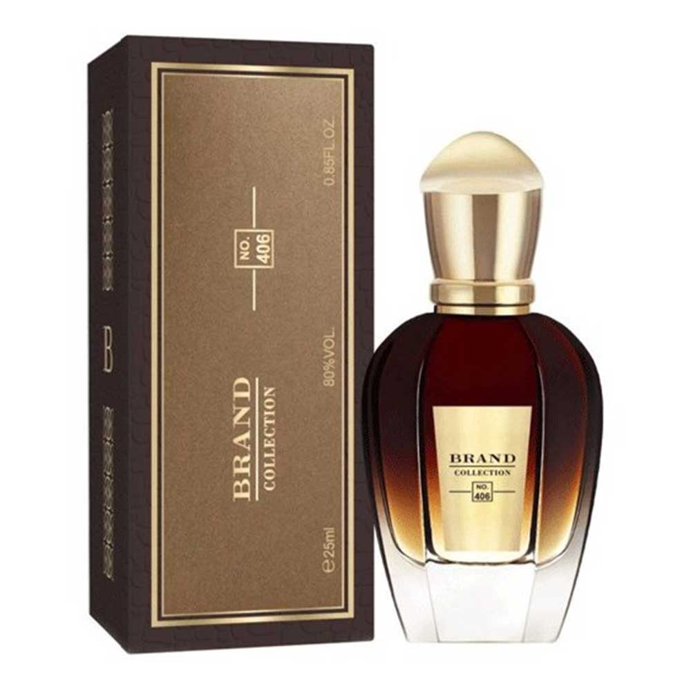 شیشه و جعبه عطر ادوپرفیوم کالکشن کد ۴۰۶ رایحه زرجف الکساندریا ۲ با بدنه قهوه‌ای تیره و درب طلایی