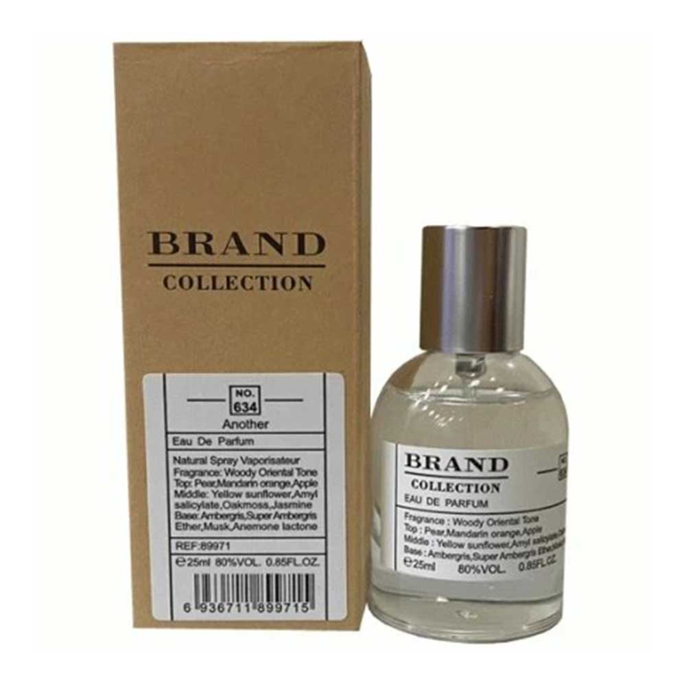 شیشه و جعبه مقوایی عطر ادوپرفیوم کالکشن کد 634 با درب نقره‌ای و برچسب سفید حاوی مشخصات رایحه سانتال 33