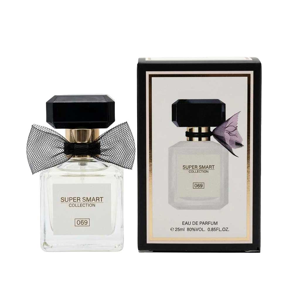 خرید عطر اسمارت کالکشن تیس کرم کلاود زنانه کد 069 حجم 25 میل با پاپیون مشکی توری در کنار جعبه محصول