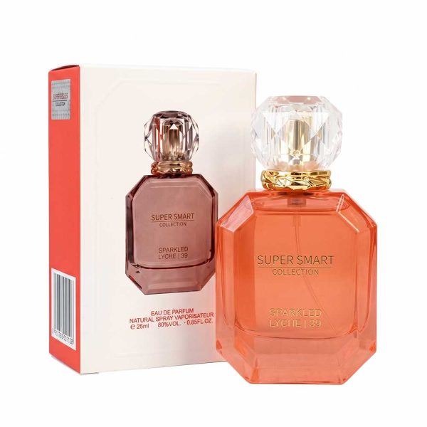 جعبه و بطری عطر جیبی زنانه ادکلن سوپر اسمارت کایالی لیچی کد 39 با مایع مرجانی و درب کریستالی