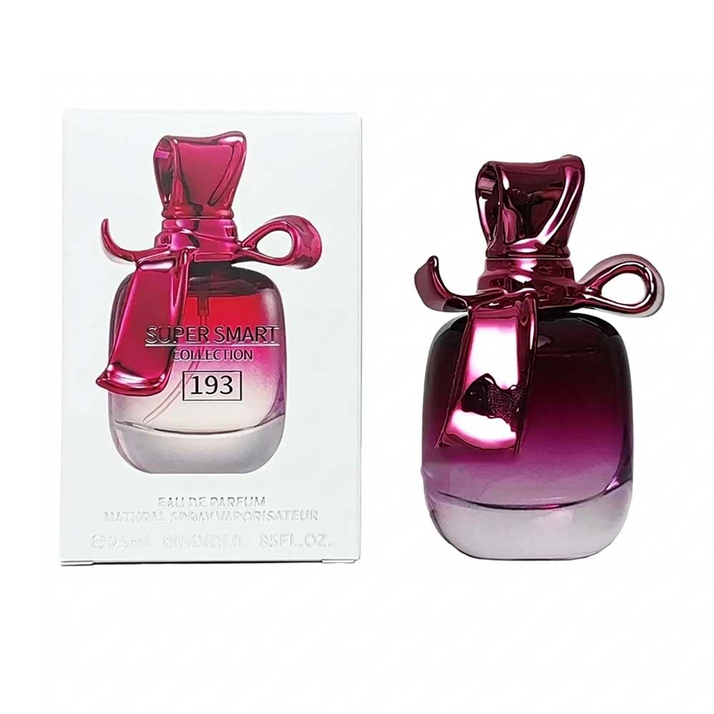 prd-3580 ادکلن مینی ریچی ریچی کد 193 سوپر اسمارت با بطری بنفش و درپوش پاپیونی در کنار جعبه 25 میلیلیتری